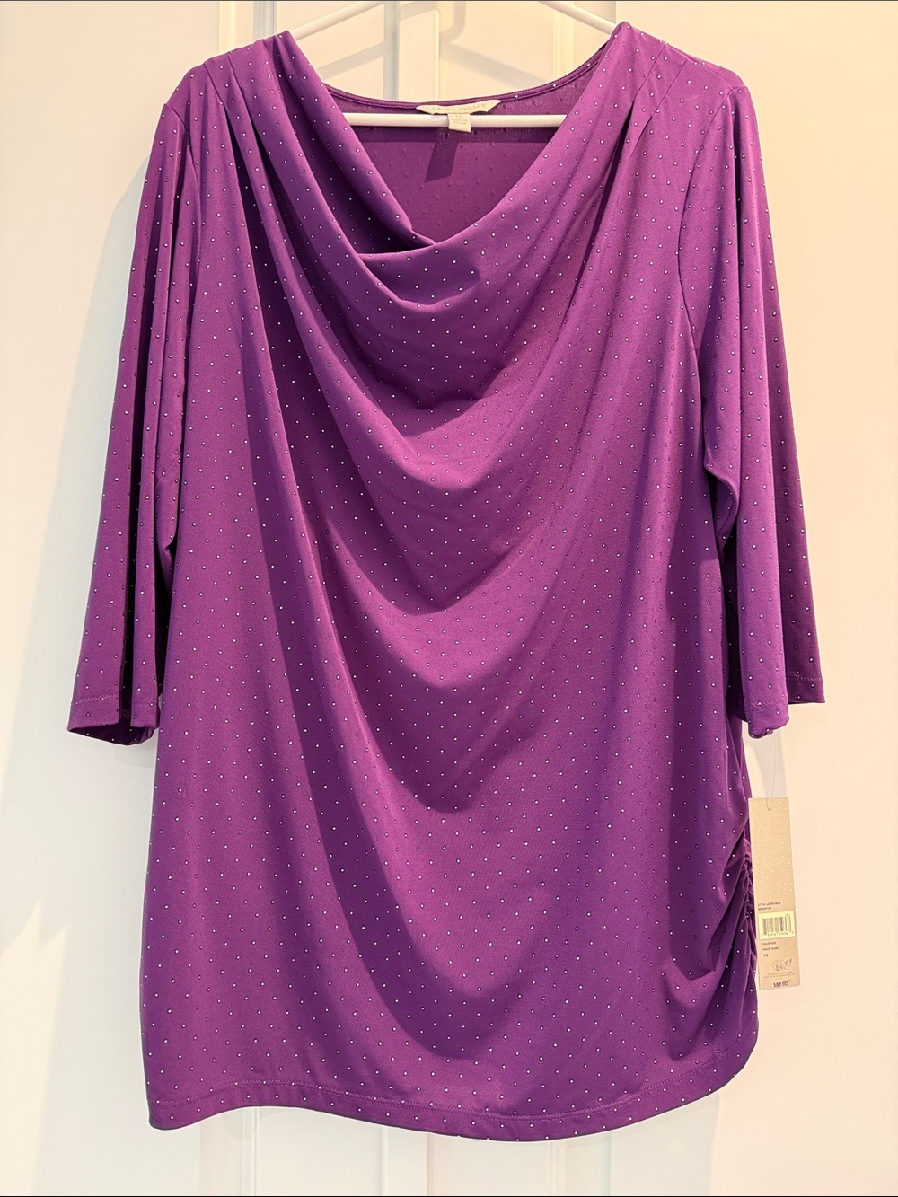 Purple Drape Neck Dotted Top with Draped Neck, Ruched Sides